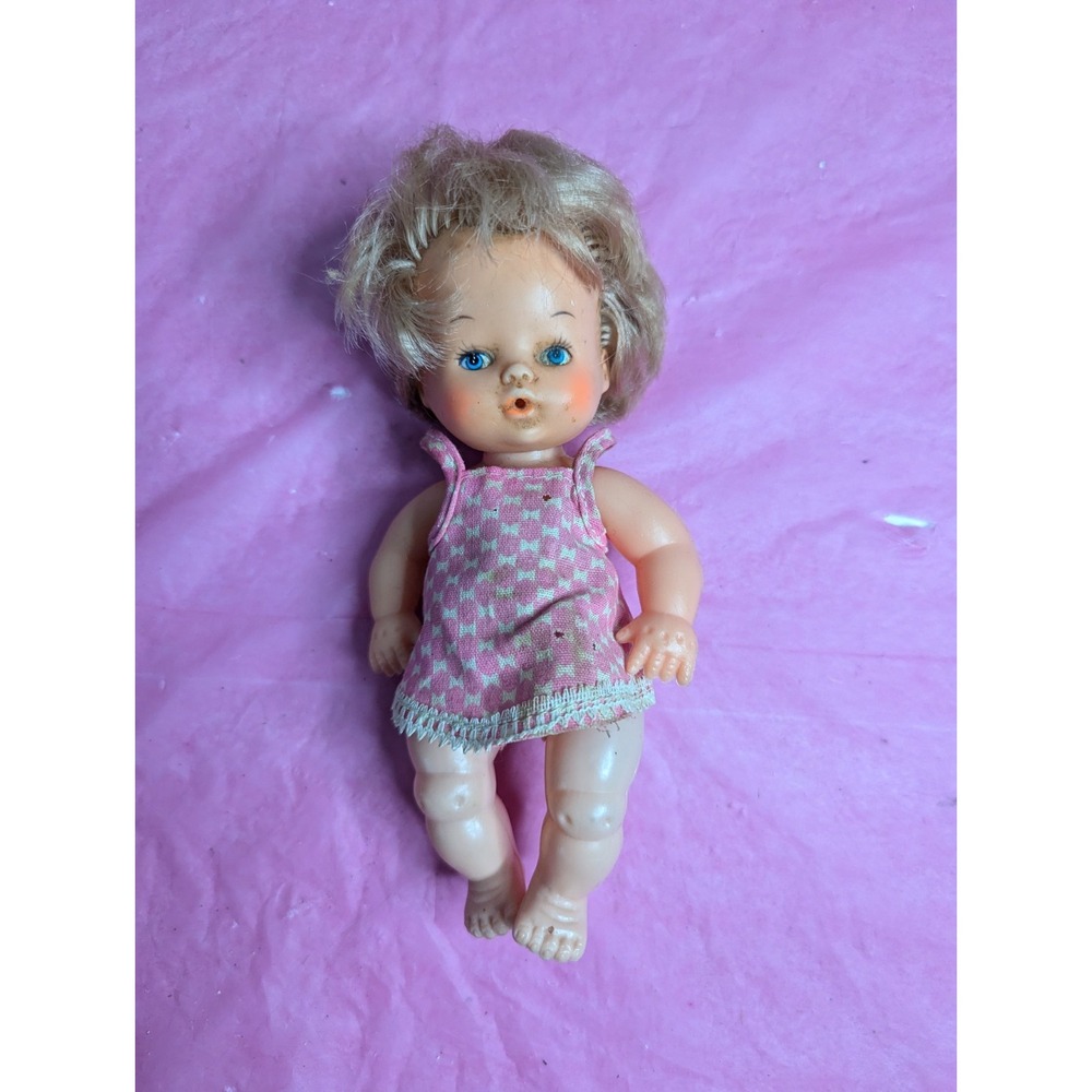vintage 7" plastic vinyl baby doll pink dress and bloomers blue eyes blond hair